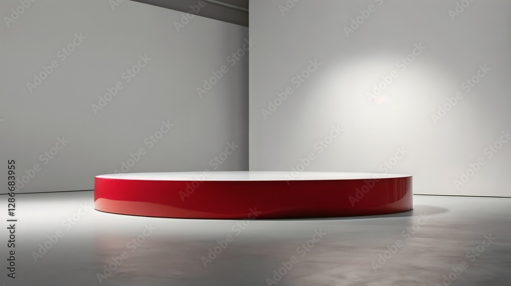 Fototapeta premium Empty red abstract platform with empty space for product placement and design solutions, blank illuminated white background, blank bright step platform white background