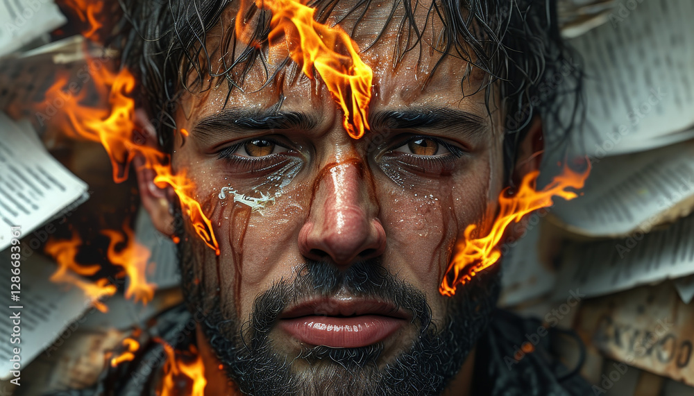 Mental Health Burnout concept: a sad crying and screaming man wearing a burning suit, hands over head, piles of documents, work life balance, social pressure, burnout syndrome Mental Health Burnout concept: a sad crying and screaming man wearing a burning suit, hands over head, piles of documents, work life balance, social pressure, burnout syndrome