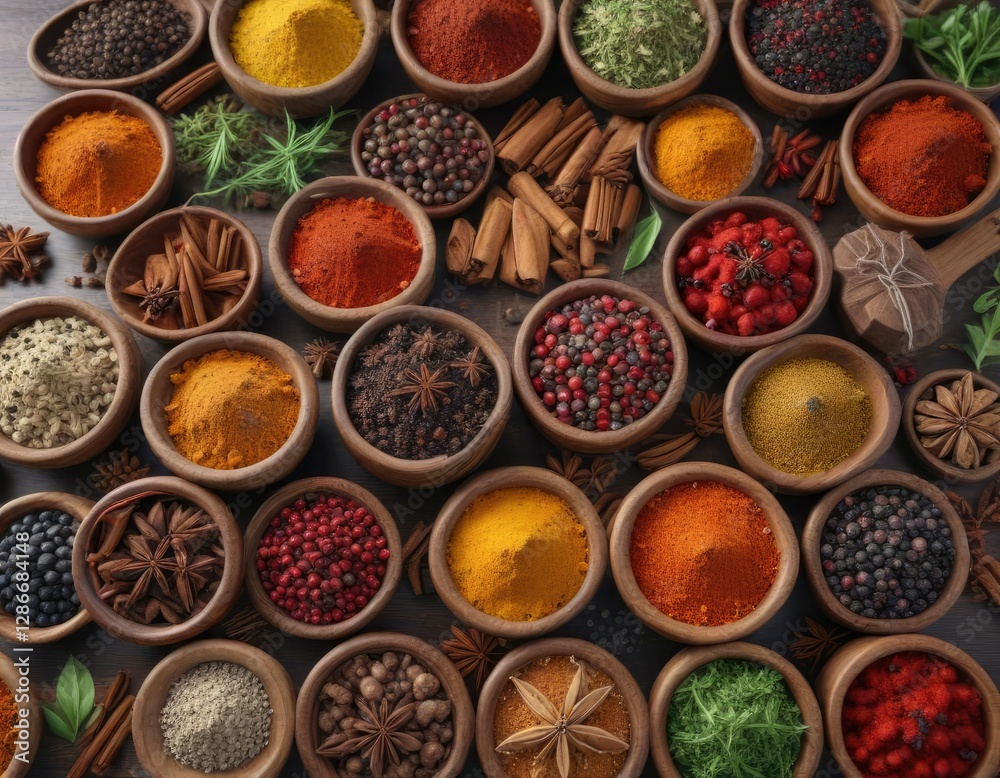 Wooden bowls filled with a selection of colorful spices and peppercorns, tasty, cookware, flavor enhance Wooden bowls filled with a selection of colorful spices and peppercorns, tasty, cookware, flavor enhance