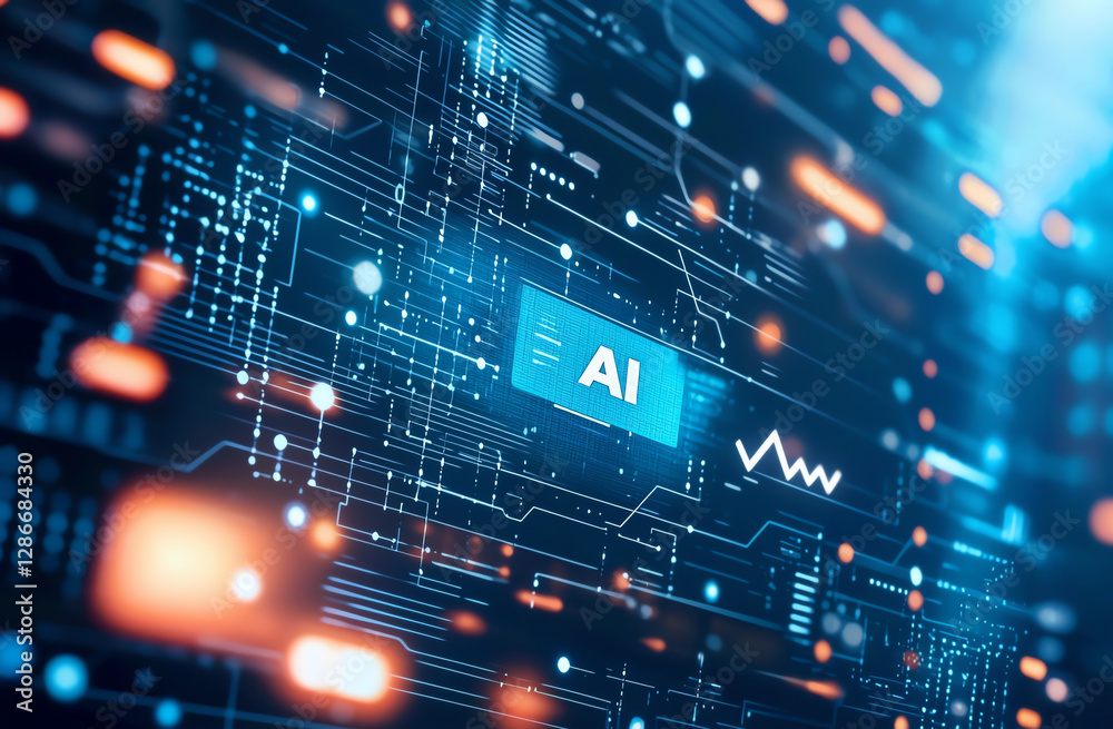 Fototapeta premium Digital circuit board with glowing elements and AI text, representing technology and innovation in artificial intelligence