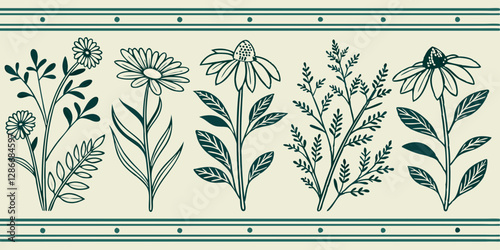 Design a vintage pharmacy label-inspired pattern with botanical sketches.