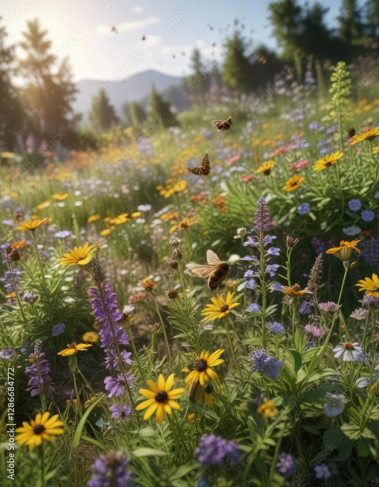 Obraz premium Wildflower patch teeming with bees and butterflies, showcasing the beauty of pollination in nature, nature, environmental