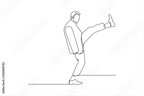 Minimalist line drawing of a man playfully kicking one leg while standing