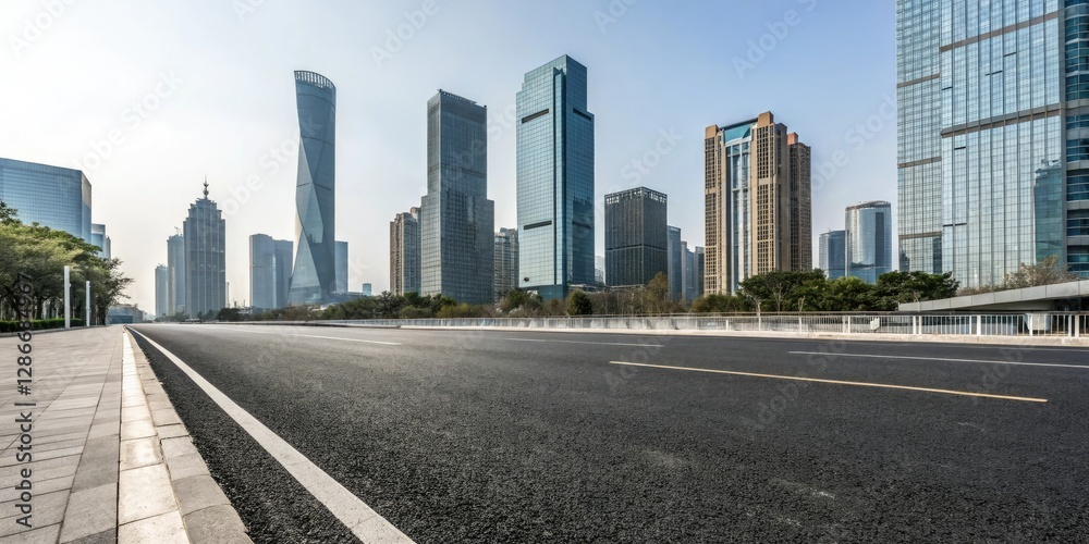 Fototapeta premium Wide asphalt road stretching through a modern cityscape with sleek skyscrapers and glass towers in the background, modern city, cityscape, urban development, concrete highway