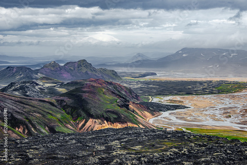 Panoramic over Landmannalaugar rainbow mountains, Iceland. Beautiful Icelandic landscape of colorful volcanic hills, lava fields, Laugavegur hiking trail, summer photo