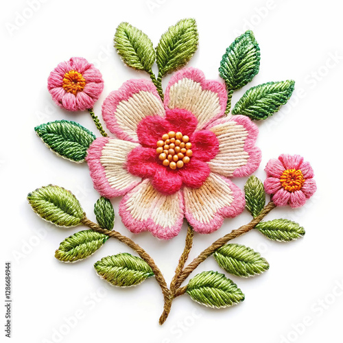 A beautifully detailed embroidered flower, isolated on a white