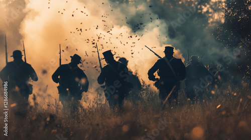 American Civil War Soldiers Advancing on a Smoky Battlefield