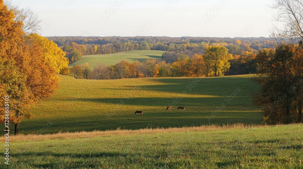 Fototapeta premium Deer Grazing in Autumn Meadow with Colorful Trees and Distant Forest