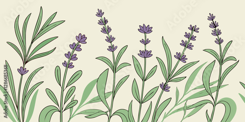 Create a seamless herbal apothecary pattern with lavender, sage, and rosemary.