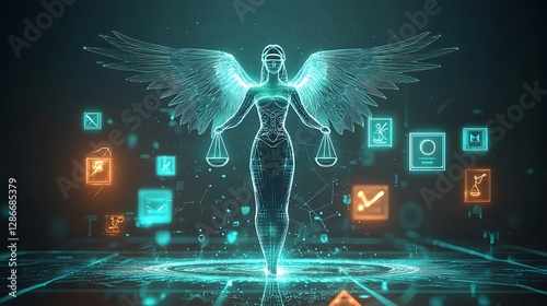 A digital lady justice hologram with glowing wings and floating legal icons, minimal design,