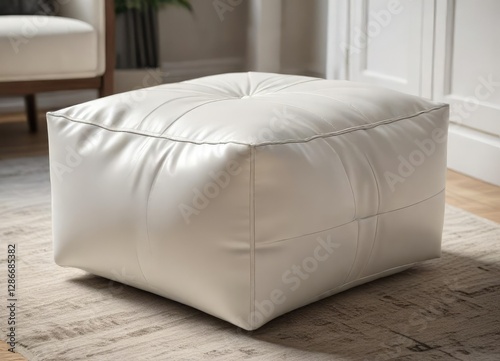 White leather pouf ottoman with stitching details, cube, versatile