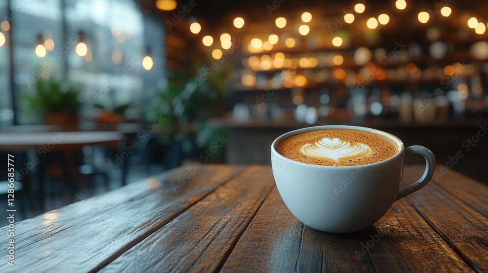 Latte art coffee cup on rustic cafe table, blurred interior background Latte art coffee cup on rustic cafe table, blurred interior background