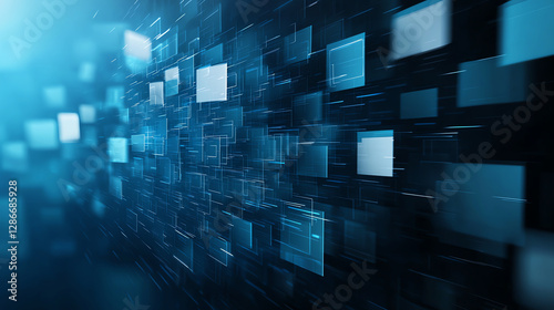 Abstract background of blue digital data and code with floating squares, creating sense of depth and motion. Ideal for technology and digital themes