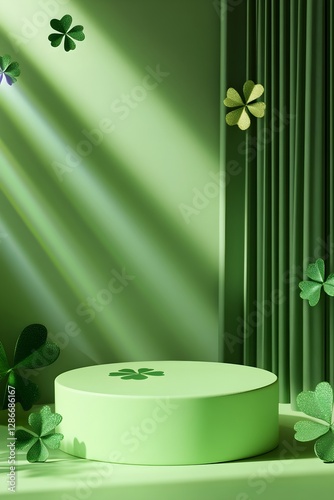 Green product display podium with lucky shamrock clovers and light rays. St Patrick's Day backdrop for merchandise presentation. Irish holiday design with copy space