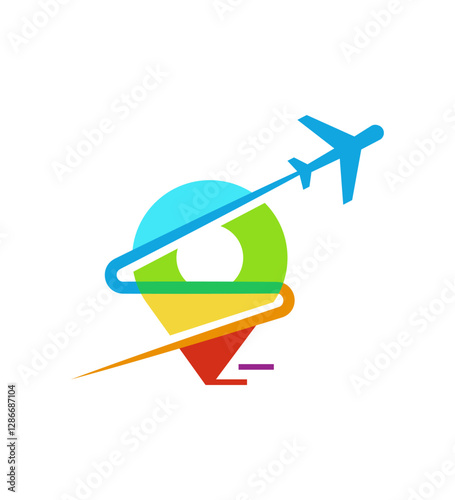 Schilderij op canvas Colorful Travel Logo Airplane, Location Pin, Destination, Journey, Trip