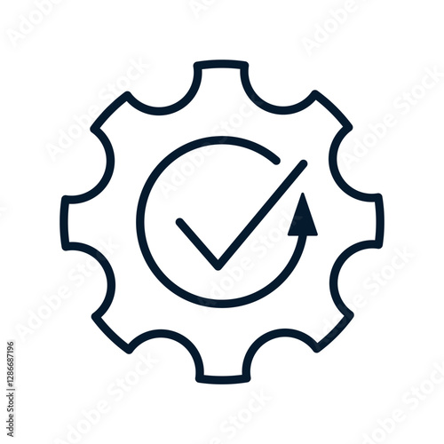Gear, check mark, arrow in a circle. Concept process successfully completed. Vector linear icon isolated on white background.