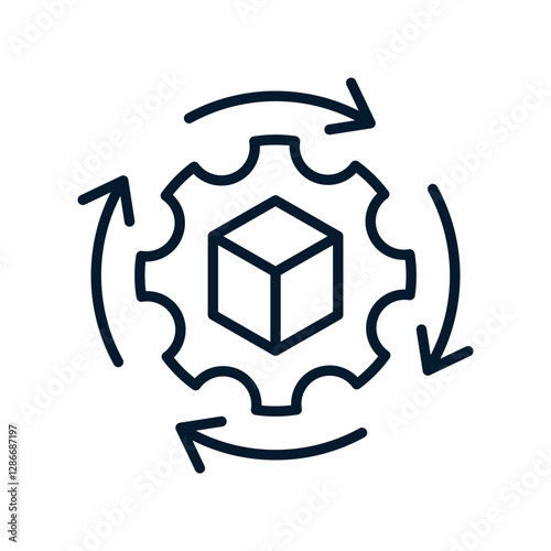 Box, gear, arrows in a circle. Concept logistics, delivery, supply chain. Vector linear icon isolated on white background.