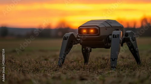robotic animal health assistant stands in field at sunset, showcasing advanced technology and innovation in agriculture
