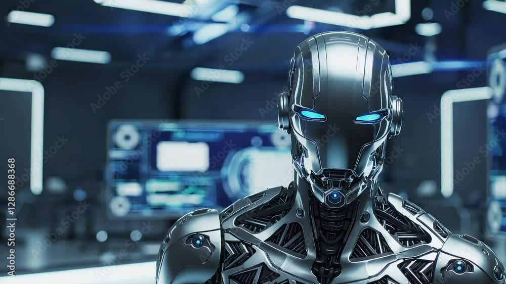 Close-up shot of a humanoid robot with glowing blue eyes in a high-tech futuristic environment. Close-up shot of a humanoid robot with glowing blue eyes in a high-tech futuristic environment.