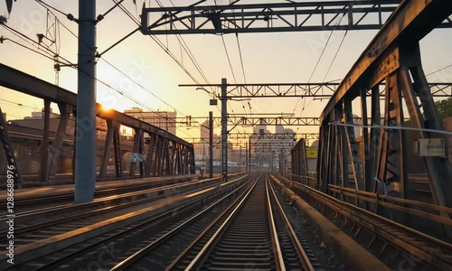 Train Tracks Stretching Into Distance During Golden Hour Sunrise in City