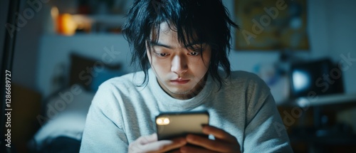 A person stares intently at a phone screen, absorbed in the digital world, capturing modern connectivity and focus. photo
