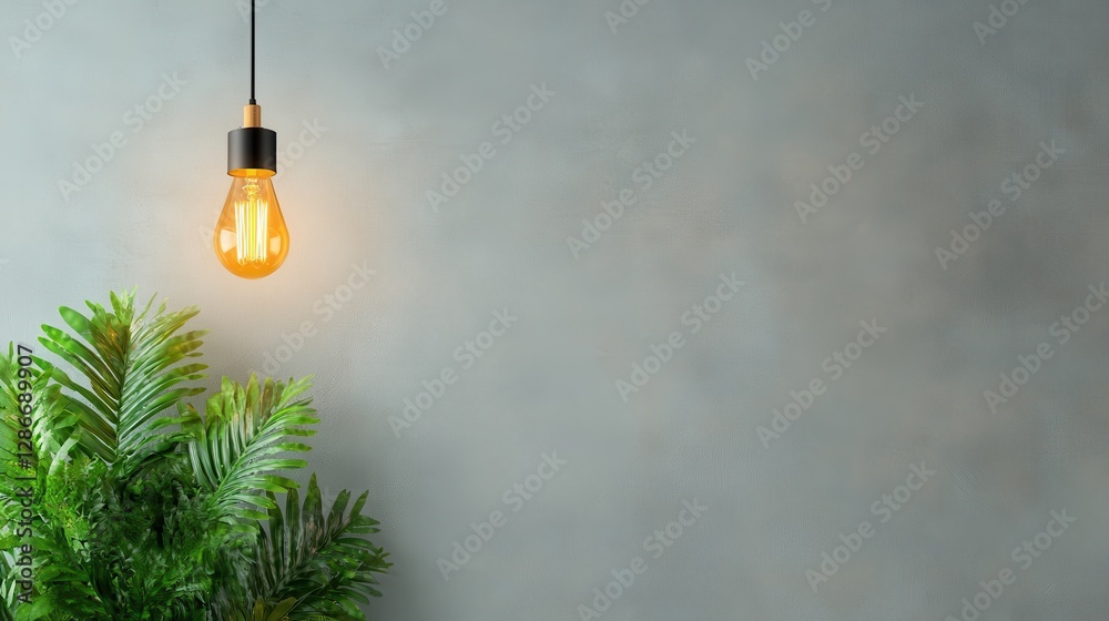 This artistic image showcases a stylish pendant light hanging against a textured wall, complemented by lush greenery that adds a serene touch to the ambiance. This artistic image showcases a stylish pendant light hanging against a textured wall, complemented by lush greenery that adds a serene touch to the ambiance.