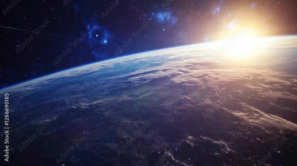 Fototapeta premium A beautiful view of the Earth from space. The blue and white colors of the planet are contrasted with the dark blue of the sky. The sun is shining brightly