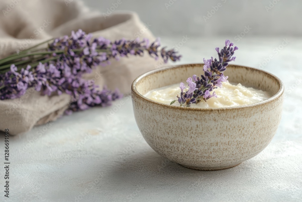 A delicate arrangement of lavender flowers rests in a bowl of creamy substance beside a soft towel, creating a serene and calming atmosphere. A delicate arrangement of lavender flowers rests in a bowl of creamy substance beside a soft towel, creating a serene and calming atmosphere.