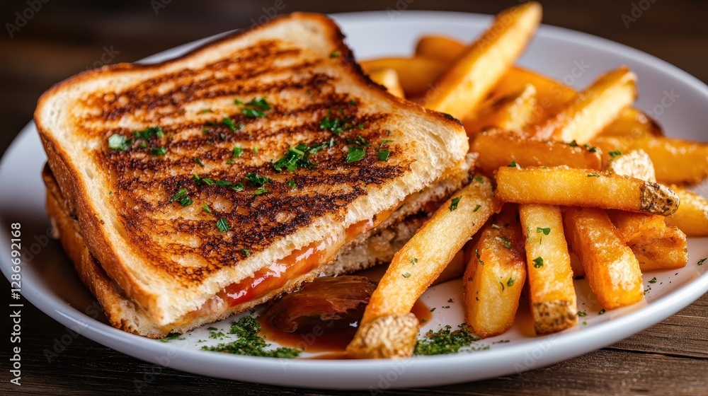 An appetizing plate featuring a grilled sandwich perfectly paired with crispy fries, drizzled with sauce—ideal for showcasing culinary delights in a casual dining atmosphere.