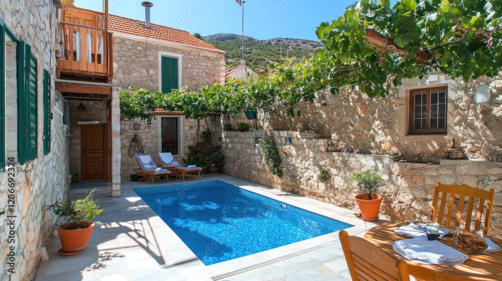 Fototapeta premium Swimming Pool at Stone Villa in Mediterranean Garden on Sunny Day
