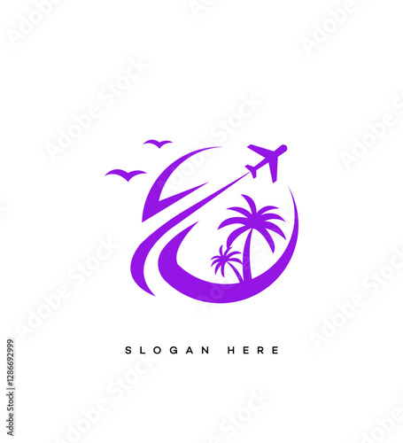 Tropical Vacation Travel Logo Design Airplane, Palm Trees, Birds