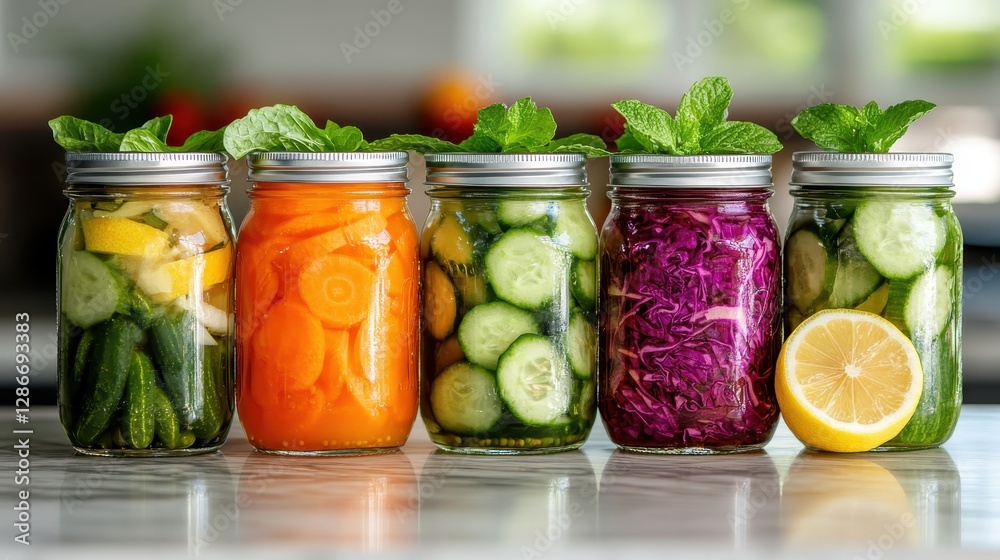 A beautiful display of various pickled produce in glass jars, presenting an inviting array of colors and shapes that highlight the natural beauty of fresh ingredients. A beautiful display of various pickled produce in glass jars, presenting an inviting array of colors and shapes that highlight the natural beauty of fresh ingredients.