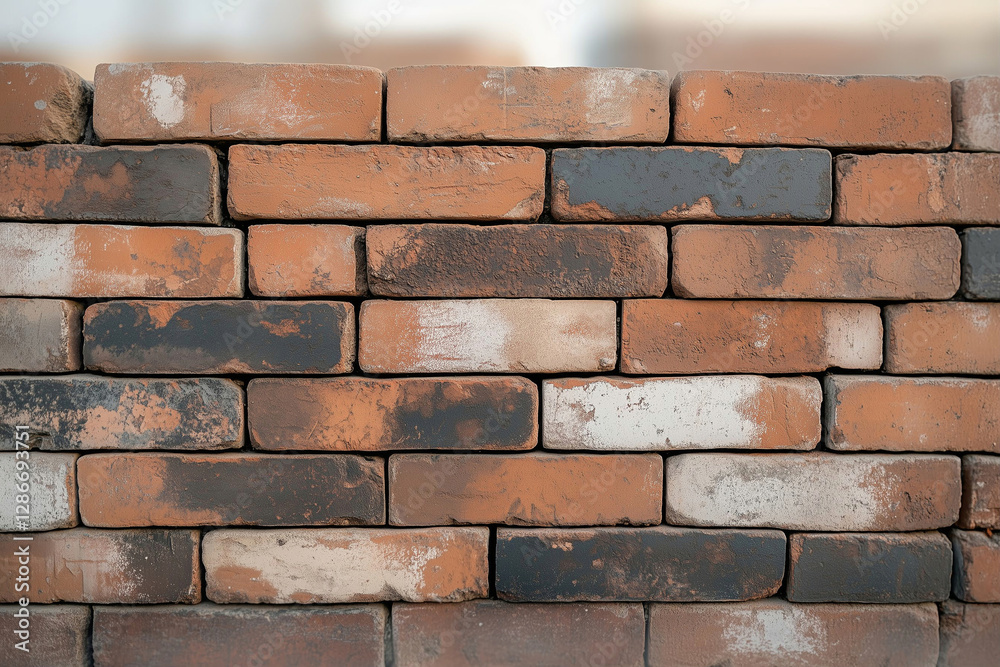 Bricks form a sturdy brick wall showcasing building material. The brick wall features a mix of colors and textures creating a visually appealing pattern Bricks form a sturdy brick wall showcasing building material. The brick wall features a mix of colors and textures creating a visually appealing pattern
