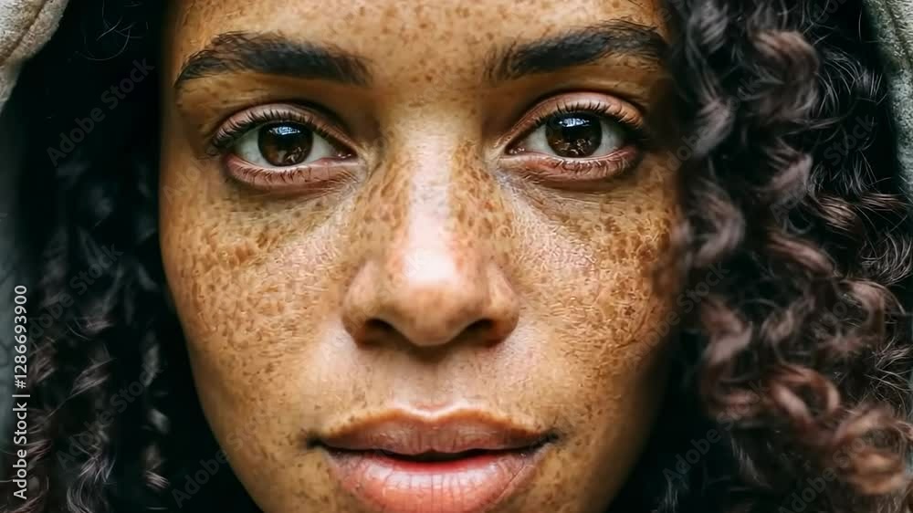 Captivating closeup of a freckled woman in motion with engaging expressions and natural beauty Captivating closeup of a freckled woman in motion with engaging expressions and natural beauty
