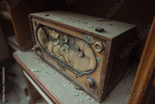 An old, broken radio sits on a dusty shelf with shattered glass, symbolizing obsolescence and the passage of time, evoking a sense of nostalgia for bygone eras.