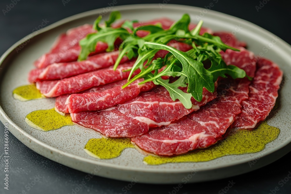 Delicious beef carpaccio with fresh arugula and olive oil on a gray plate, a culinary delight, thin slices, appetizer, gourmet experience, beautiful presentation. Delicious beef carpaccio with fresh arugula and olive oil on a gray plate, a culinary delight, thin slices, appetizer, gourmet experience, beautiful presentation.