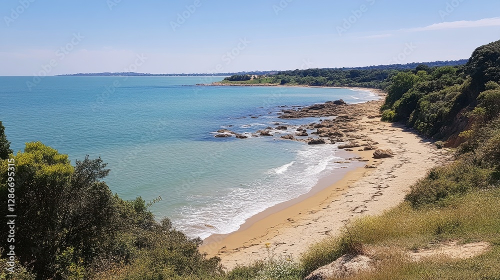 Scenic Coastal Landscape with Rocky Beach and Calm Waters Under Clear Blue Sky Scenic Coastal Landscape with Rocky Beach and Calm Waters Under Clear Blue Sky