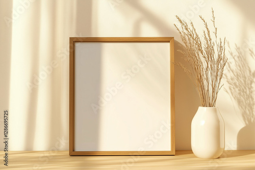 Frame mockup and vase with dry plants on table near wall with sunlight. Home decor with minimalist design