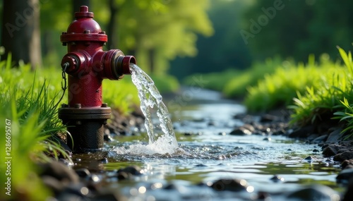 Water rushes from open hydrant into a drainage ditch, hydrant, ditch