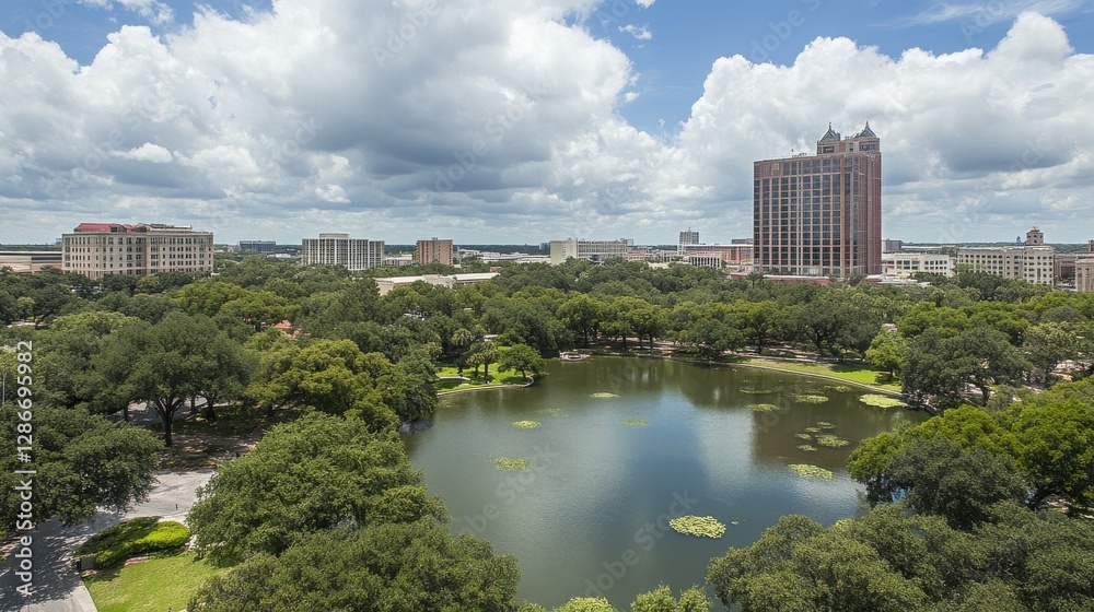 Obraz premium Scenic Urban Park with Tranquil Lake Surrounded by Lush Green Trees and Cloudy Sky
