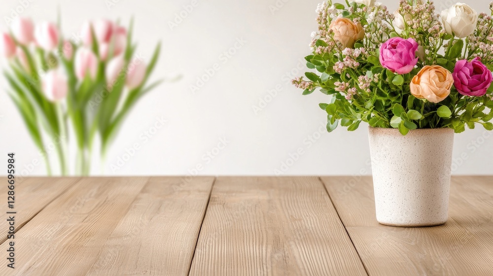custom made wallpaper toronto digitalSpring flowers bouquet on wooden table, blurred tulips background, for greeting card