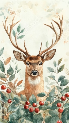 Stunning Deer Portrait Surrounded by Green Leaves and Red Berries in a Soft W...