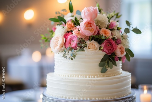 Elegant Wedding Cake Adorned With Fresh Flowers in a Stylish Venue