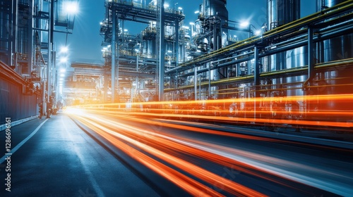 Industrial Night Scene of Oil Refinery with Light Trails and Complex Machinery in Blue Tone photo