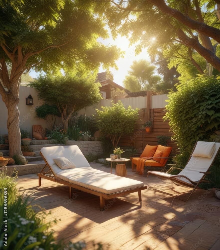 Fototapeta premium Warm afternoons spent lounging in a sunny backyard, beach balls, warm tones