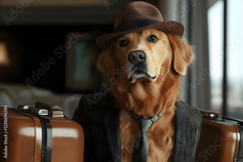 dog with suitcase wearing suit and hat in a hotel