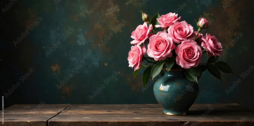 Fototapeta premium Vintage vase with rose bouquet in dark colors, pink roses, painting, art