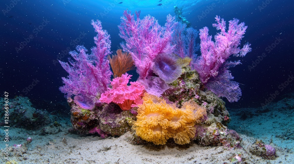Obraz premium Vibrant coral reef underwater scene, ocean background, marine life, nature photography, ideal for travel brochures