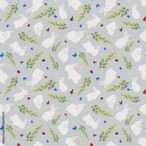 Hand-drawn Cute bunnies. Floral background vector seamless, Small rabbit pattern Kids print.