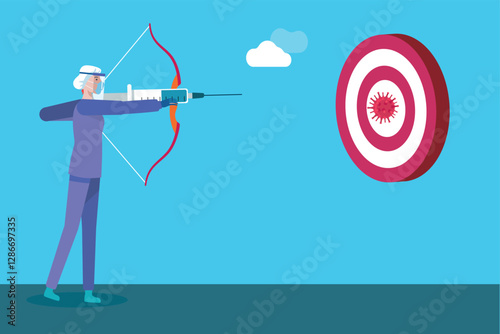 Nurse aiming at virus target with syringe and bow, healthcare and vaccination concept